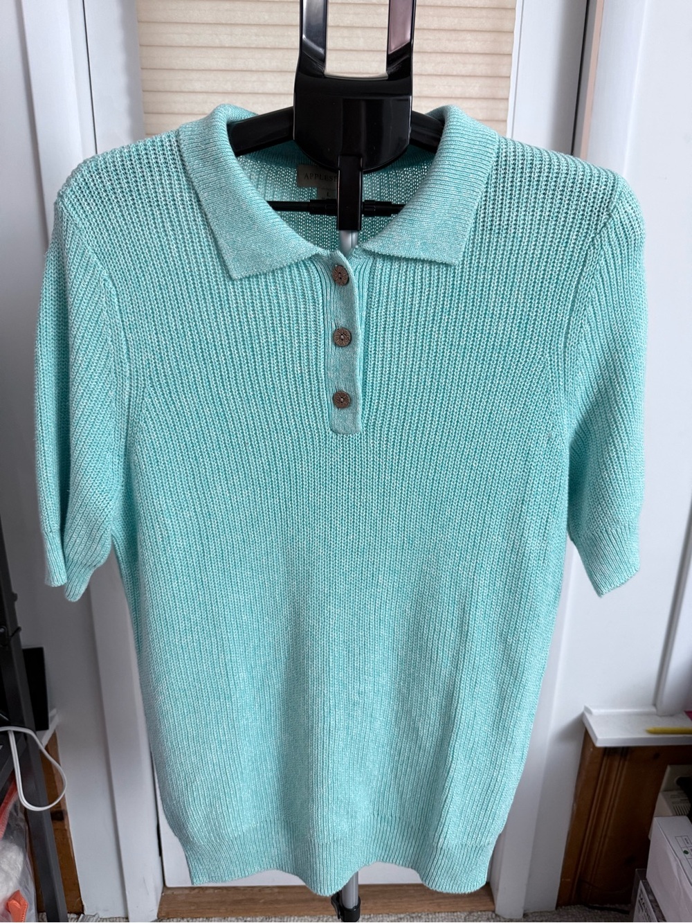 Coastal Grandmother preppy Mint blue Polo-Style marled Knit ribbed Sweater NWOT